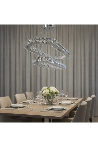 TREND 80x65 ELİPS GÜMÜŞ 2 KATLI YEMEK MASASI KRİSTAL AVİZE