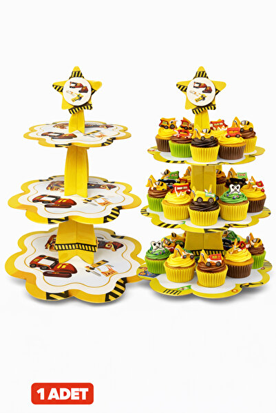 Baloncu Dede İnşaat Araçları Cupcake Standı 3 Katlı – İş Makinesi Temalı Kek ...