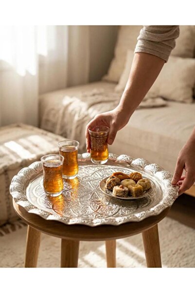 ArnaBella Round Patterned Silver Serving Tray 35 cm