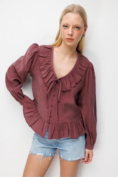 Mixray 4813 women's ruffled v-neck blouse - plum