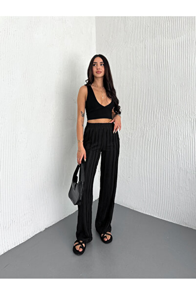 Generic Brand Pantaloni de damă din țesătură Fasa, cu talie elastică și picio...