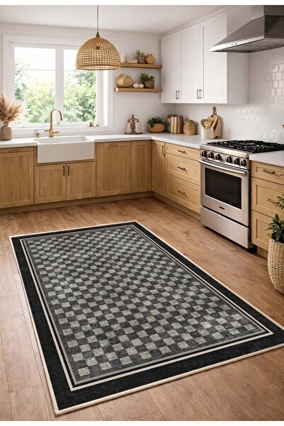 CENTER AVM Siyah Halı Mutfak Halısı Makinede Yıkanabilir Halı Kaymaz Taban Halı