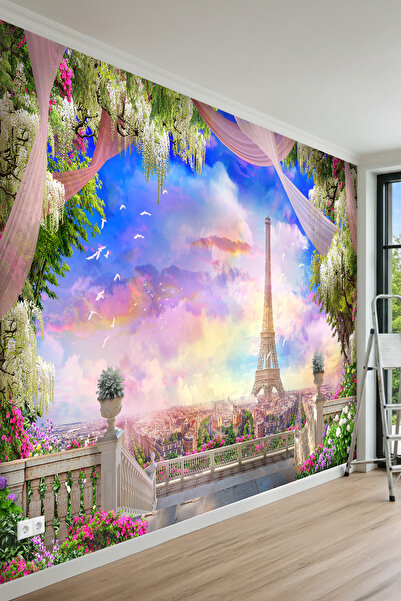MİRAZAWALL Paris Eyfel Kulesi Manzaralı Balkon Perspektifli Tek Parça Tekstil...