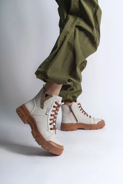 Joy Ayakkabı Amber Lace-Up Zippered Orthopedic Sole Women's Boots Ctt - Cream