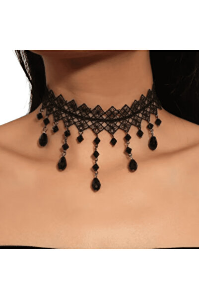 CRM Colier elegant tip choker pentru femei, CRM, negru cu dantelă și elemente...