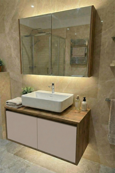 AdnDesing Banyo Dolabı-Asma 2 Kapaklı-Lavabosuz Ahşap-Vizon- MDF 85 Cm Alt Do...