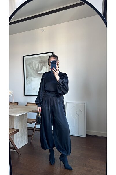 sinemkivanc co BAĞLAMALI SATEN BLUZ KUŞAKLI ŞALVAR PANTOLON TAKIM