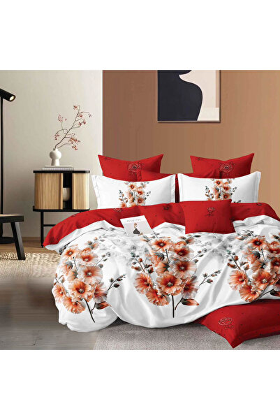 CumparaMisim Double bed linen, Finet, 6 pieces, White, Red, flowers