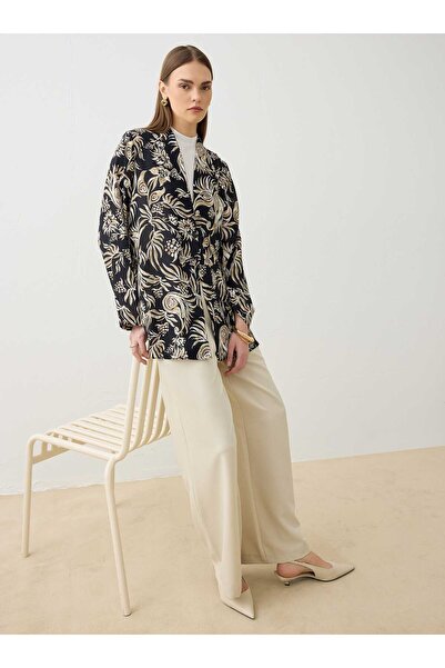 Refka Κιμονό από λινό ύφασμα με κουμπιά - Με μαύρο φλοράλ σχέδιο -