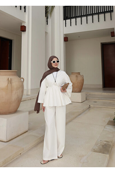 MODA AKSA 8975 V Umman keten takım palazzo BEYAZ