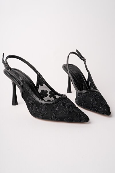 MUGGO ARİS Dantel Detaylı Sivri Burun Arkası Açık İnce Topuklu Kadın Abiye Ay...