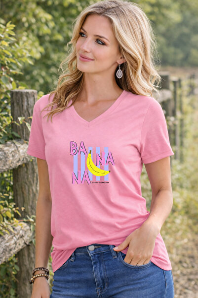 LORVEX تي شيرت نسائي برقبة على شكل حرف V مريح وملائم للجسم مطبوع عليه شكل الموز