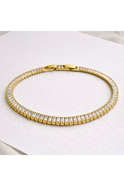 NO BRAND Brățară tennis aurie placată aur 14K cu zirconii dreptunghiulare, re...