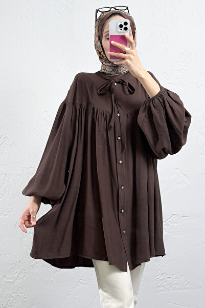 Salih Çelebi Collared Lace-Up Tunic 0083 - Brown