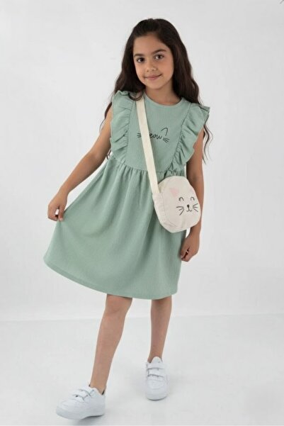 ruhaay Rochie pentru fetițe cu mâneci cu volane și broderie cu pisici, cu geantă