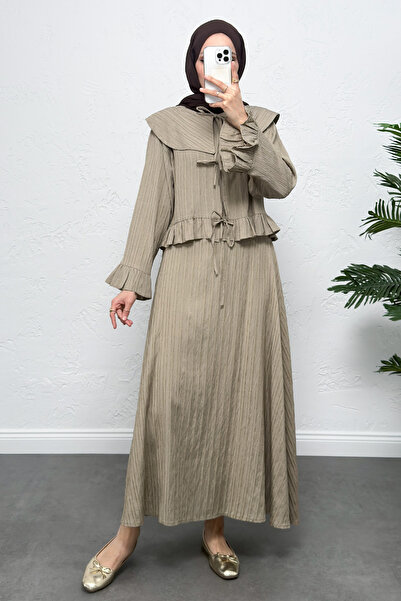 Salih Çelebi Wide Collar Skirt Suit Y0091 - Khaki