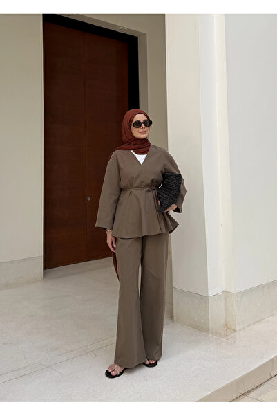 MODA AKSA 8975 V Umman keten takım palazzo yeşil