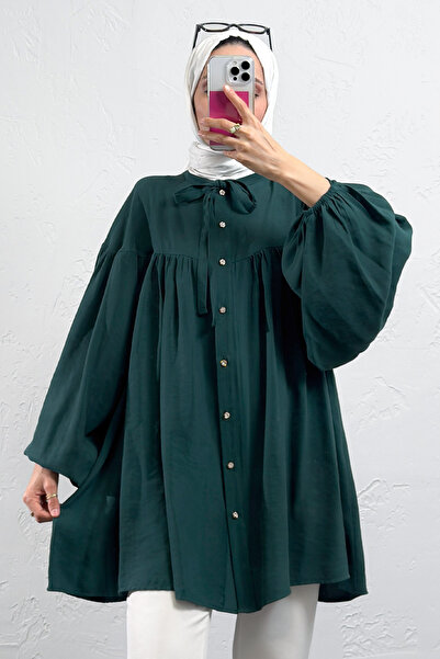 Salih Çelebi Collared Lace-Up Tunic 0083 - Emerald Green