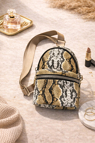 EVALIA Bej Yılan Desenli Mini Sırt Çantası