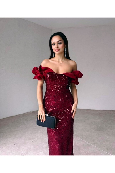 MAMMY Bordo Payetli Kayık Yaka Volan Kol Abiye Elbise Glam Davet Koleksiyonu