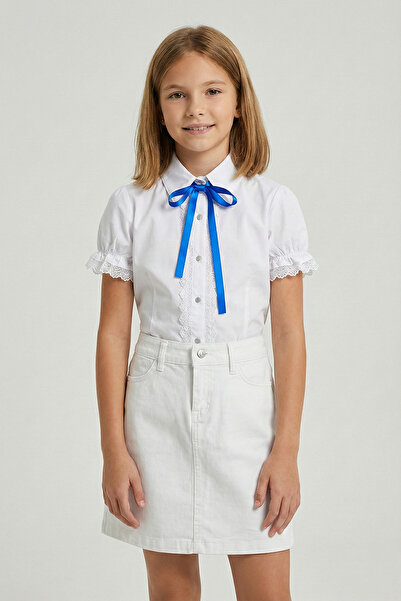 nacar çarşı Κοριτσίστικο Σετ Σαξ Μπλε Φιόγκος Λευκό Δαντελένιο Πουκάμισο Λευκ...