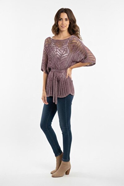 powermıxs Ajur Detaylı Bel Bağlamalı Kadın Triko Bluz &Yarasa Kol Rahat Kesim...