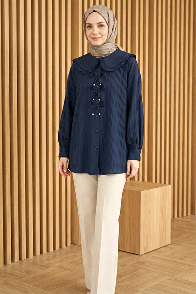 FERHEL Women's Ribbon Detailed Buttoned Baby Collar Hijab Tunic - Navy Blue