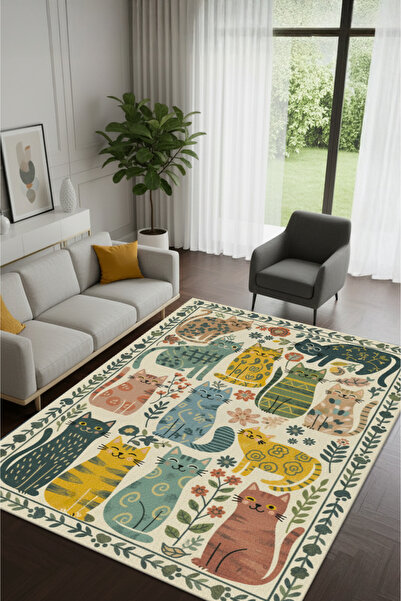 The Reef Design Renkli Kedi Desenli Halı Dijital Baskılı Yıkanabilir Kaymaz Y...