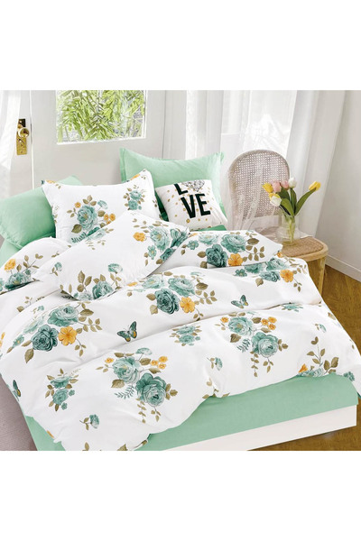 CumparaMisim Double bed linen, Finet, 6 pieces, White, Green, flowers
