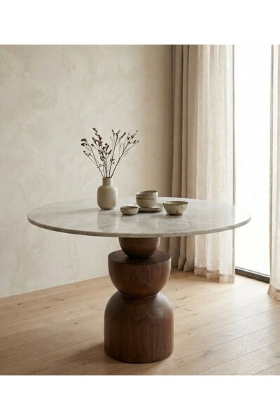 silla Concept Döküm Mermer Yuvarlak Üst Tablalı Boğum Ayaklı Ceviz Ahşap Masa...