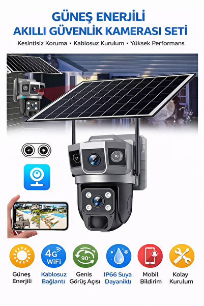 BLUE İNTER SIM Kartlı 4G Çift Kameralı Güneş Enerjili Güvenlik Kamerası IP66 ...