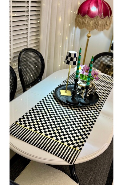 Nef’s Atelier Siyah Beyaz Dama Desenli Dekoratif Runner 40x140 cm