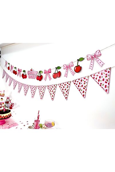 Flu Party لافتة زخرفية بتصميم الكرز - زينة حفلات مثلثة الشكل بنمط الكرز