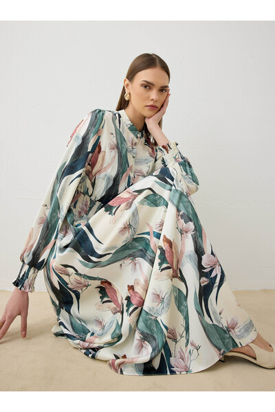 Refka Shiny Satin Fabric Floral Patterned Hijab Dress - Green Patterned -