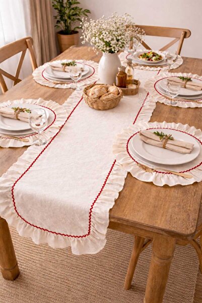 Vareni keten dekoratif işlemeli supla seti