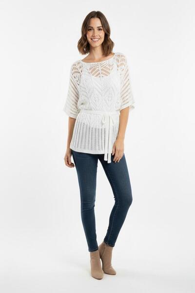 powermıxs Openwork Detailed Waist-Tie Women's Knitwear Blouse & Batwing Sleev...