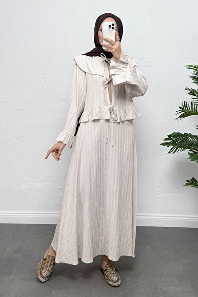 Salih Çelebi Wide Collar Skirt Suit Y0091 - Stone Color