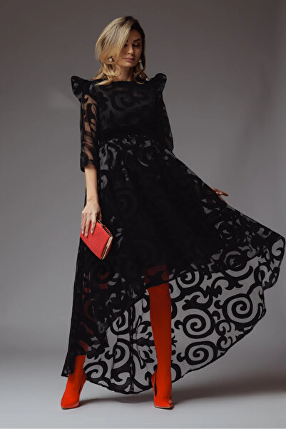 Ejolie Veda black asymmetrical organza dress with Velvet inserts