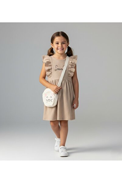 ruhaay Rochie pentru fetițe cu mâneci cu volane și broderie cu pisici, cu geantă