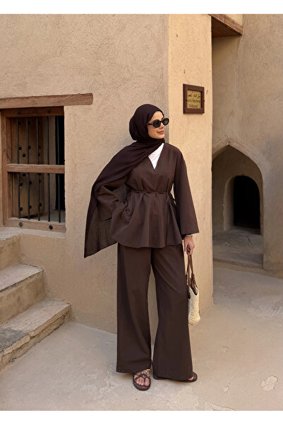 MODA AKSA 8975 V UMMAN KETEN TAKIM KAHVE