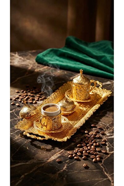 ArnaBella Sarmaşık Cup Set Cast Gold Coffee Set for 2 People with Tray 48X19 cm