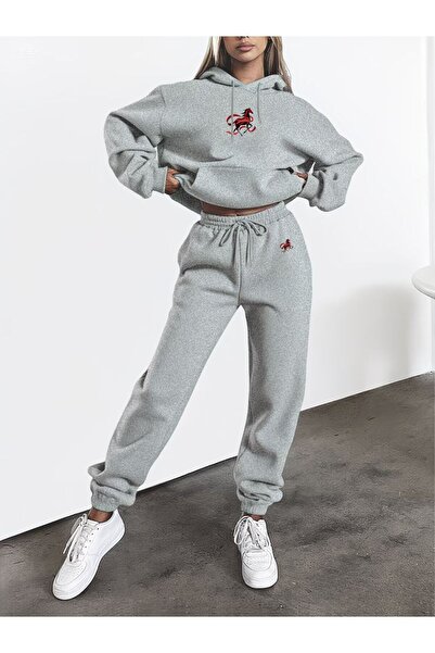 LELVANİ Women's Horse Printed Gray Tracksuit Set with Hood
