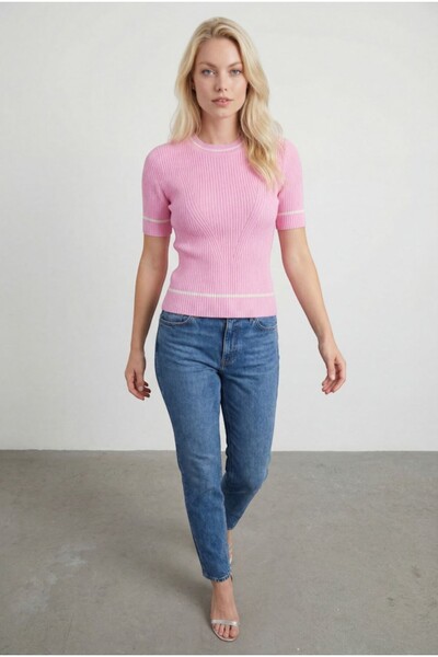 LE CARAMBOLE Women's Pink Crew Neck Stripe Detailed Short Sleeve Knitwear Blouse