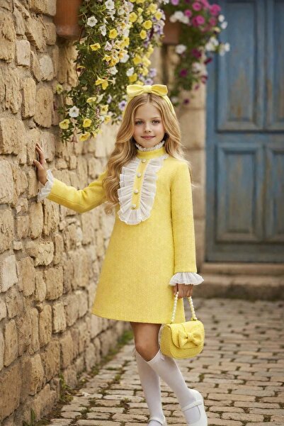 Riccotarz Girl's Ruffle and Clown Collar Chanel Yellow Dress with Button and ...