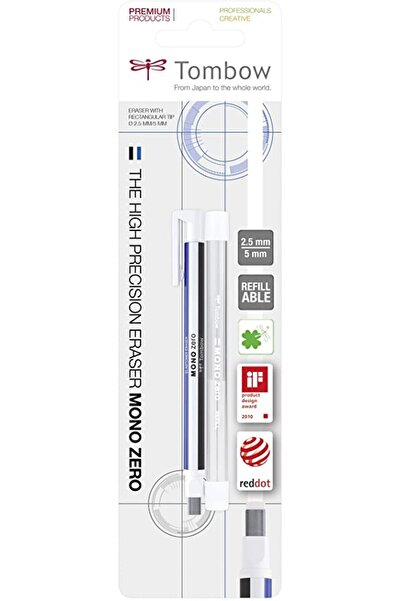 Tombow Radieră tip creion cu vârf pătrat, alb/albastru/negru + 2 rezerve