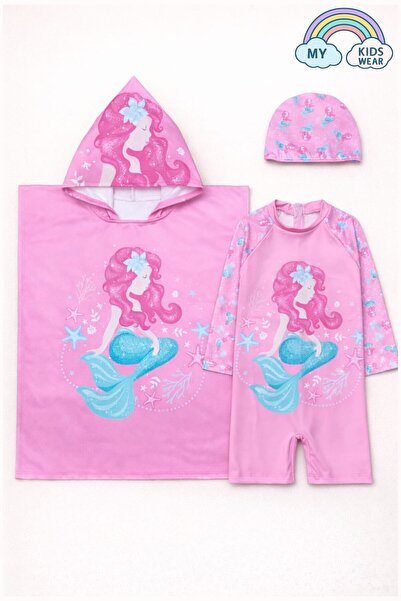 My Kids Wear Kız Çocuk Deniz Kombini 3’lü Set – Mayo, Havlu ve Bone 12578