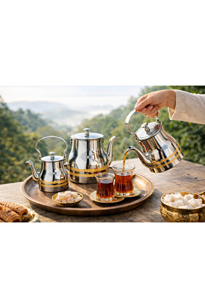 Dania طقم أباريق شاي ستانلس ستيل فاخر بديكور ذهبي 3 قطع ☕✨ (1.2 لتر+ 0.9 لتر ...