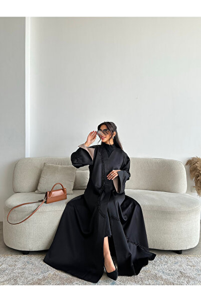 outline Linen linen Eid abaya adorned with beading and elegant beige sleeves