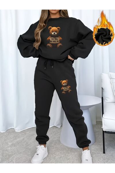 LELVANİ Try You No Dare Me Written Bear Printed Sweat Suit Set Circular Neckline