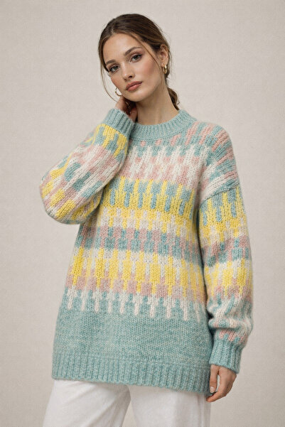 FERHEL Three-color patterned thick knit sweater - mint
